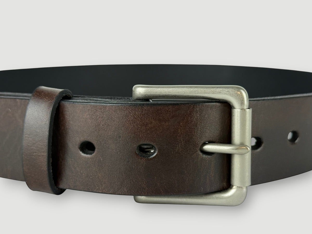 "Folio" Leather Belt - 1 1/2" Wide, Mocha Brown, No Stitching, Roller Bar Buckle, Matte Nickel