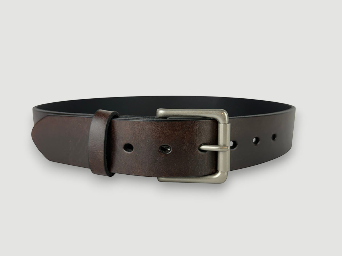 "Folio" Leather Belt - 1 1/2" Wide, Mocha Brown, No Stitching, Roller Bar Buckle, Matte Nickel