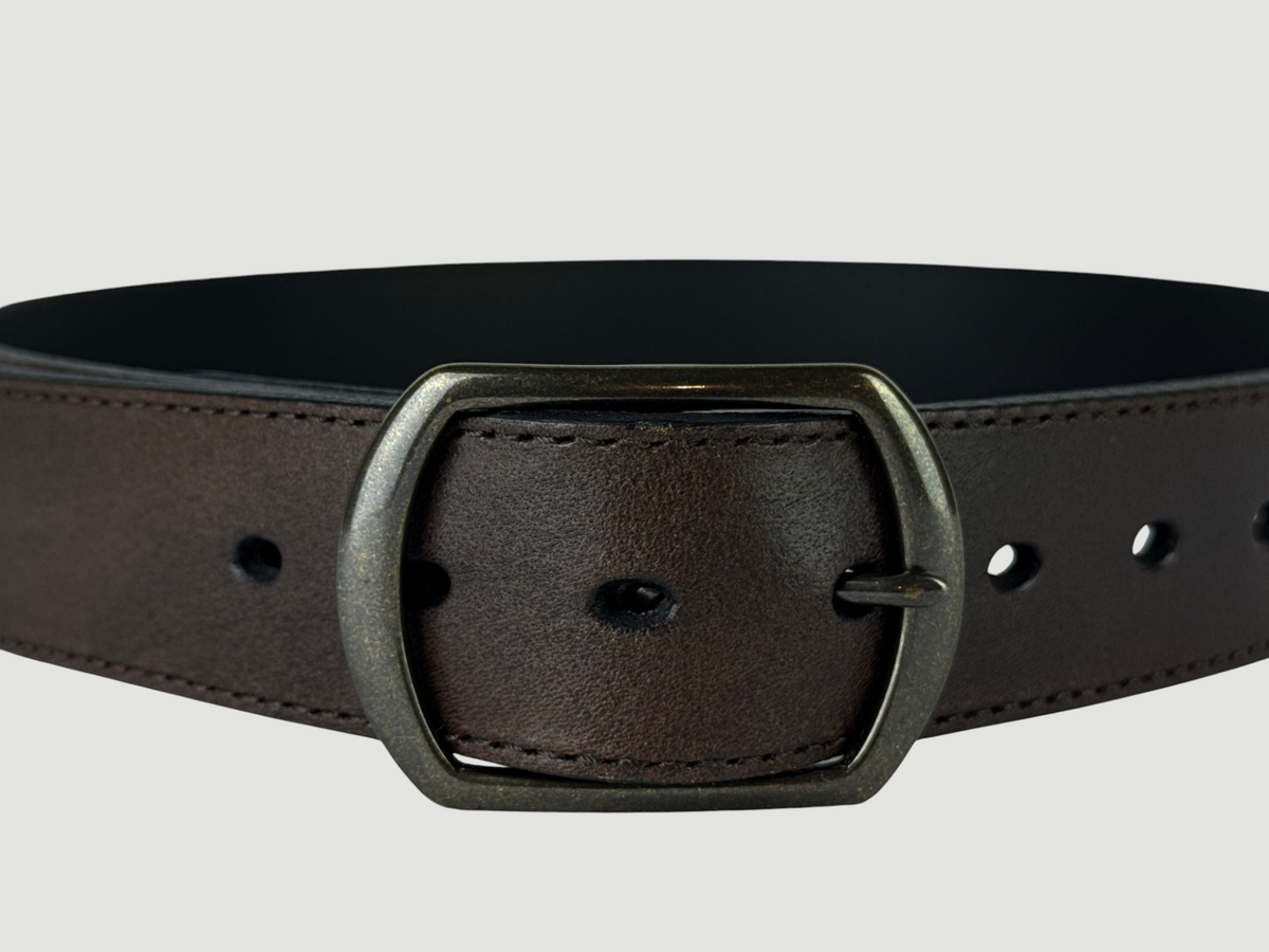"Folio" Leather Belt - 1 1/2" Wide, Mocha Brown, Stitching, Center Bar Buckle, Antique Brass