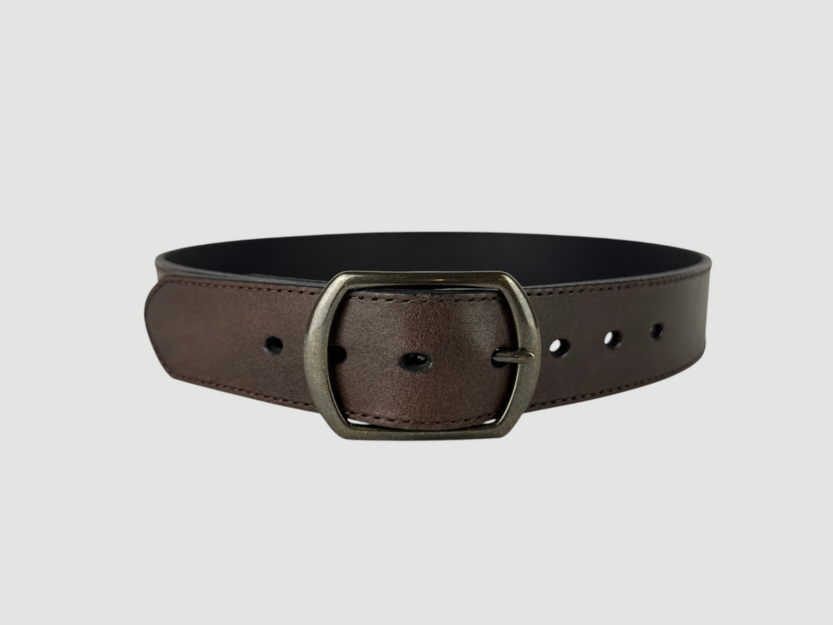 "Folio" Leather Belt - 1 1/2" Wide, Mocha Brown, Stitching, Center Bar Buckle, Antique Brass