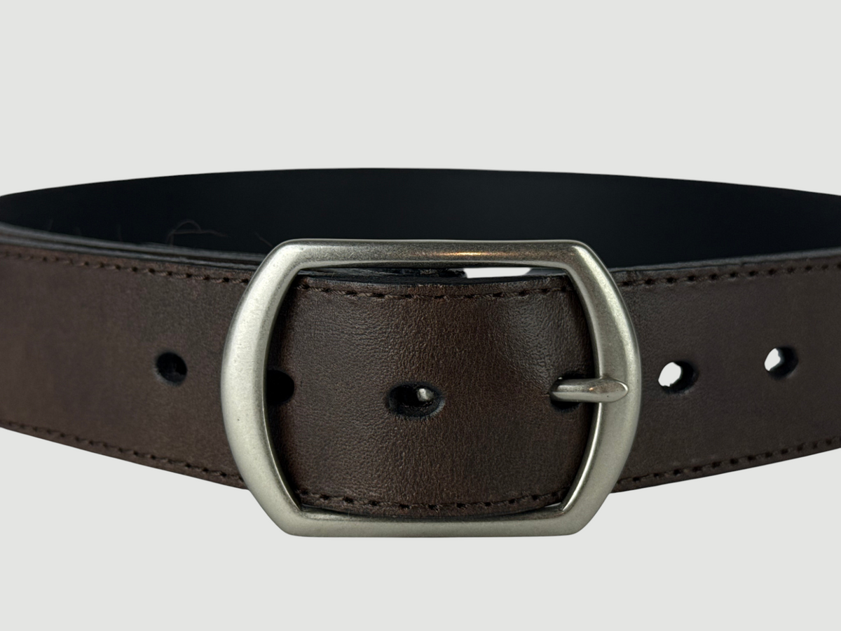 "Folio" Leather Belt - 1 1/2" Wide, Mocha Brown, Stitching, Center Bar Buckle, Matte Nickel