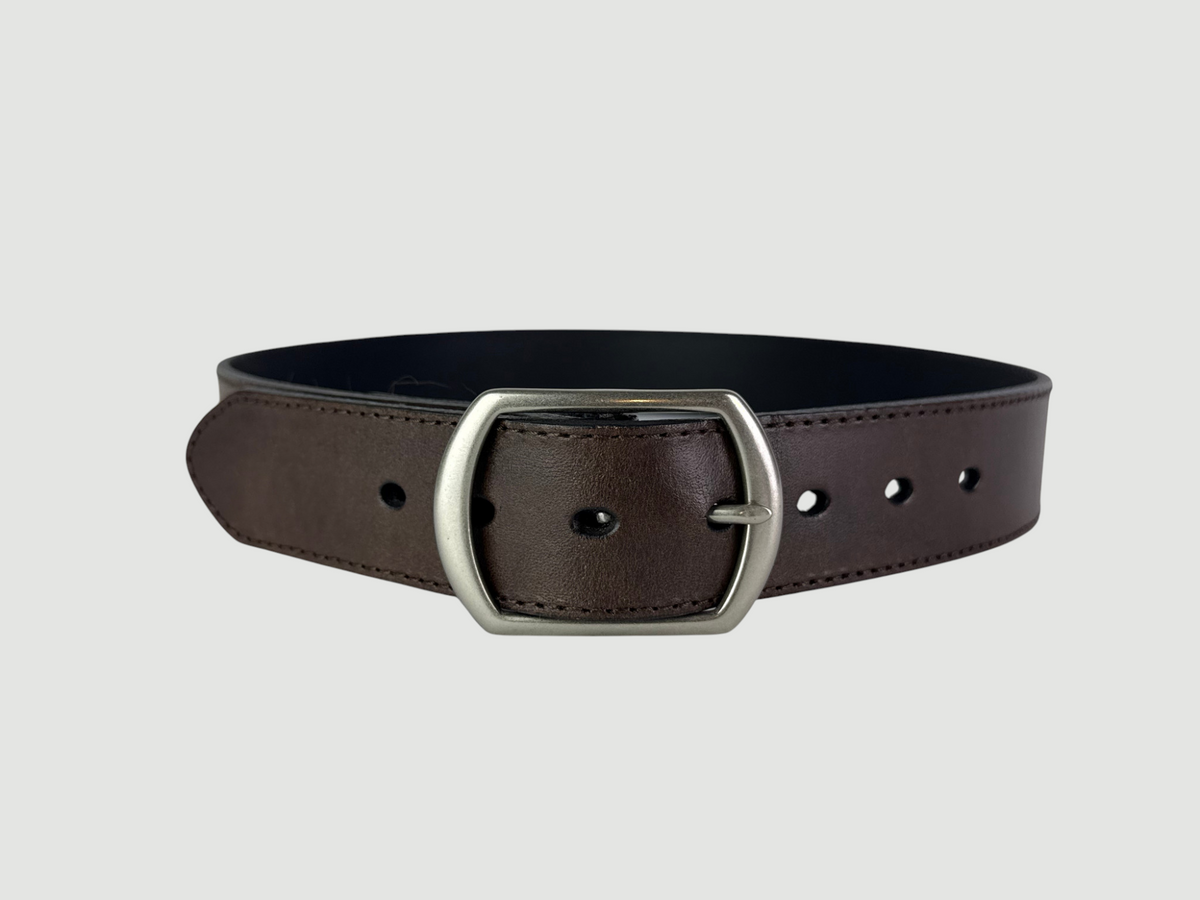 "Folio" Leather Belt - 1 1/2" Wide, Mocha Brown, Stitching, Center Bar Buckle, Matte Nickel
