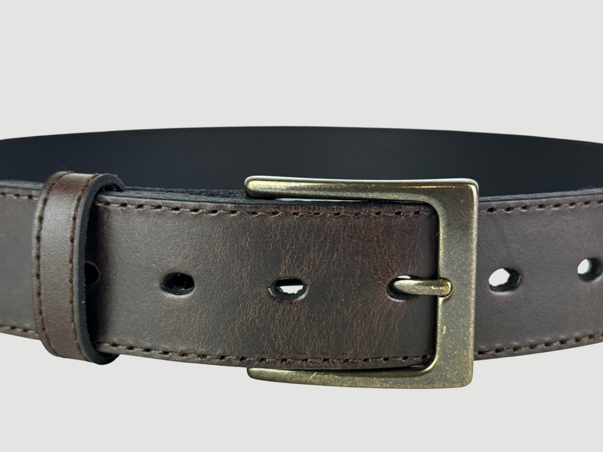 "Folio" Leather Belt - 1 1/2" Wide, Mocha Brown, Stitching, Heel Bar Buckle, Antique Brass