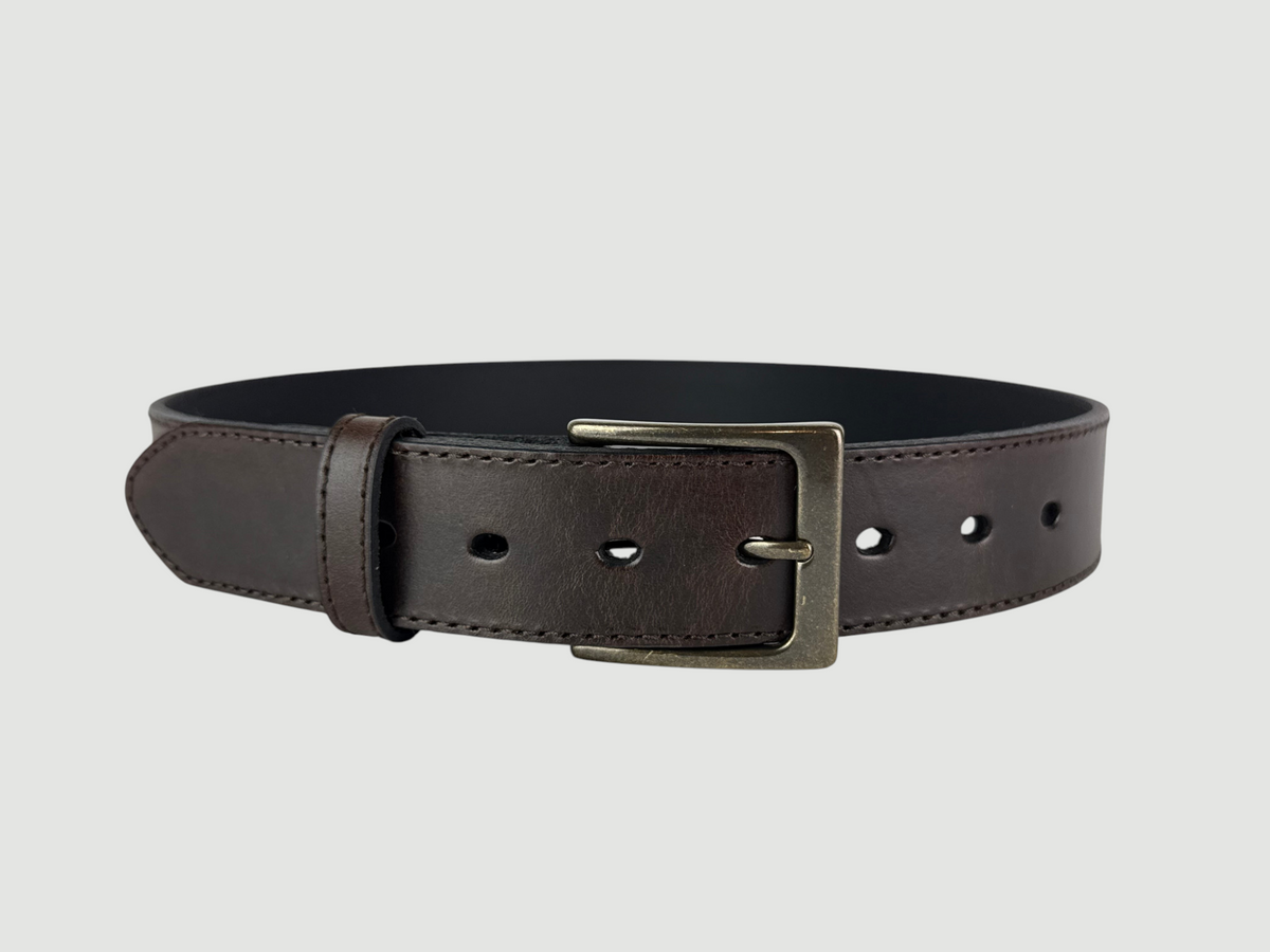 "Folio" Leather Belt - 1 1/2" Wide, Mocha Brown, Stitching, Heel Bar Buckle, Antique Brass