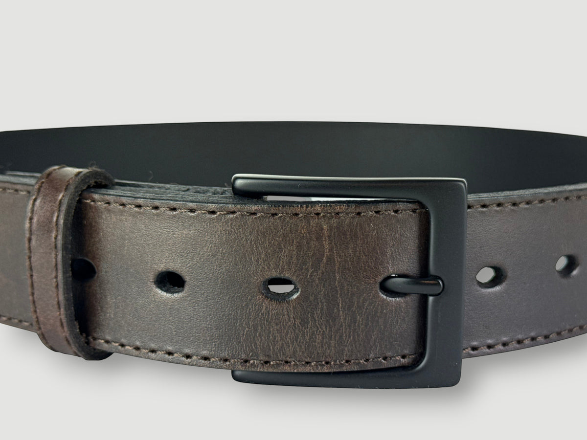 "Folio" Leather Belt - 1 1/2" Wide, Mocha Brown, Stitching, Heel Bar Buckle, Matte Black