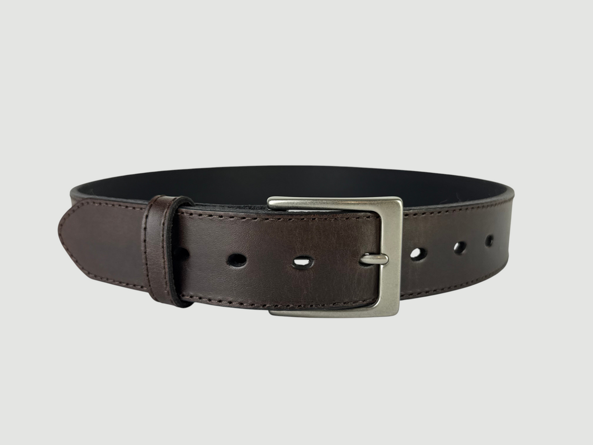 "Folio" Leather Belt - 1 1/2" Wide, Mocha Brown, Stitching, Heel Bar Buckle, Matte Nickel