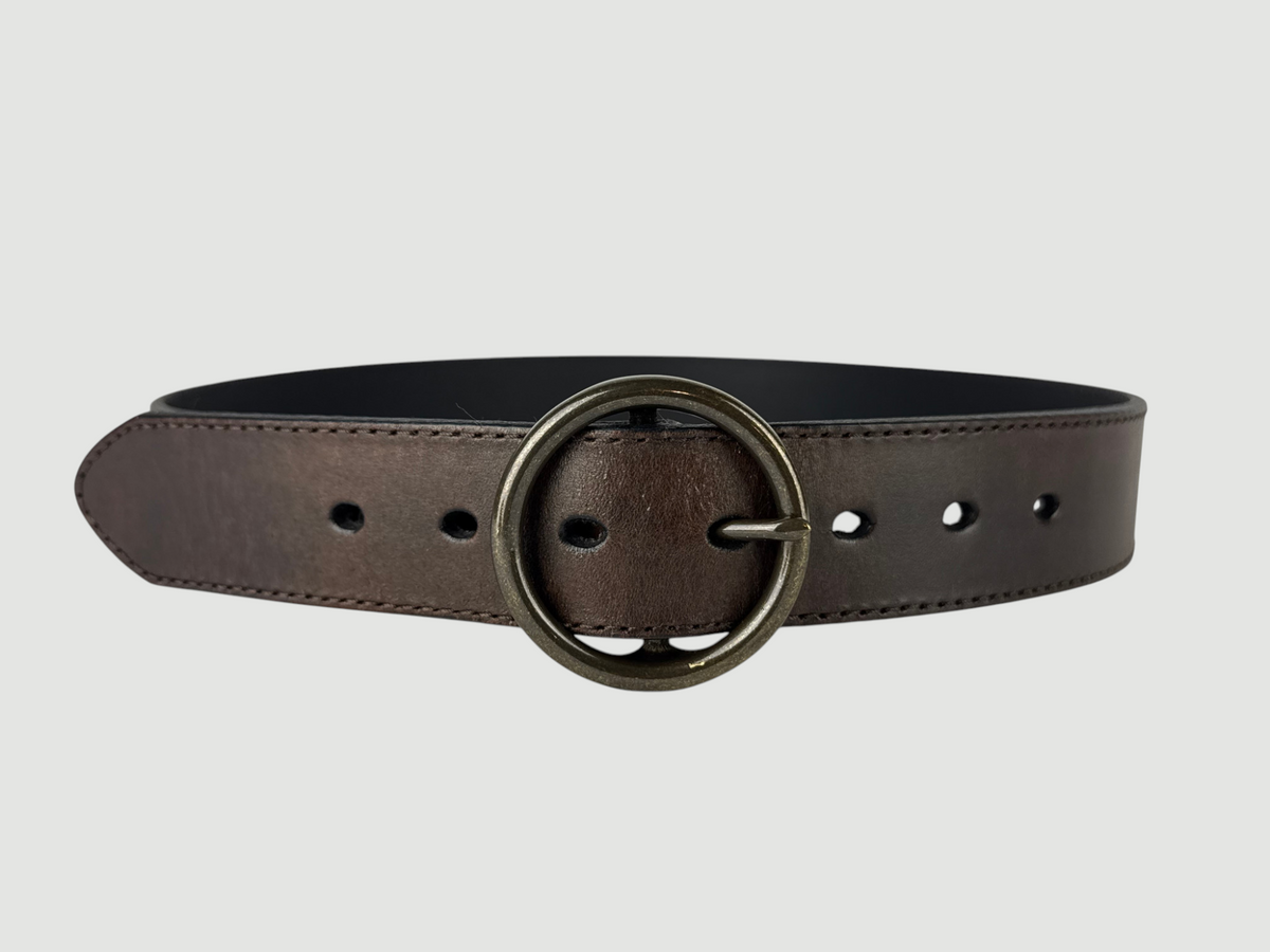 "Folio" Leather Belt - 1 1/2" Wide, Mocha Brown, Stitching, O-Ring Buckle, Antique Brass