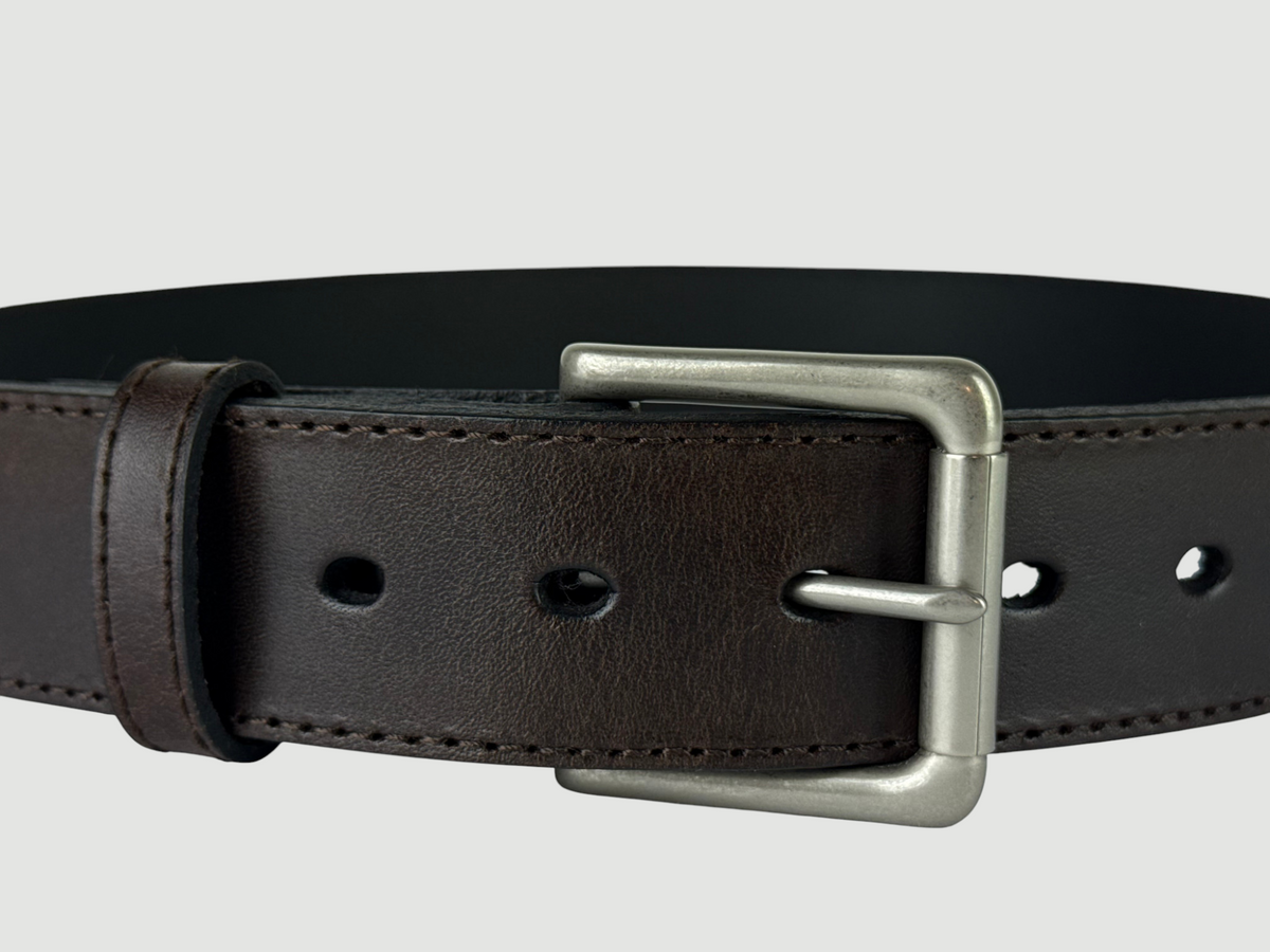 "Folio" Leather Belt - 1 1/2" Wide, Mocha Brown, Stitching, Roller Bar Buckle, Matte Nickel