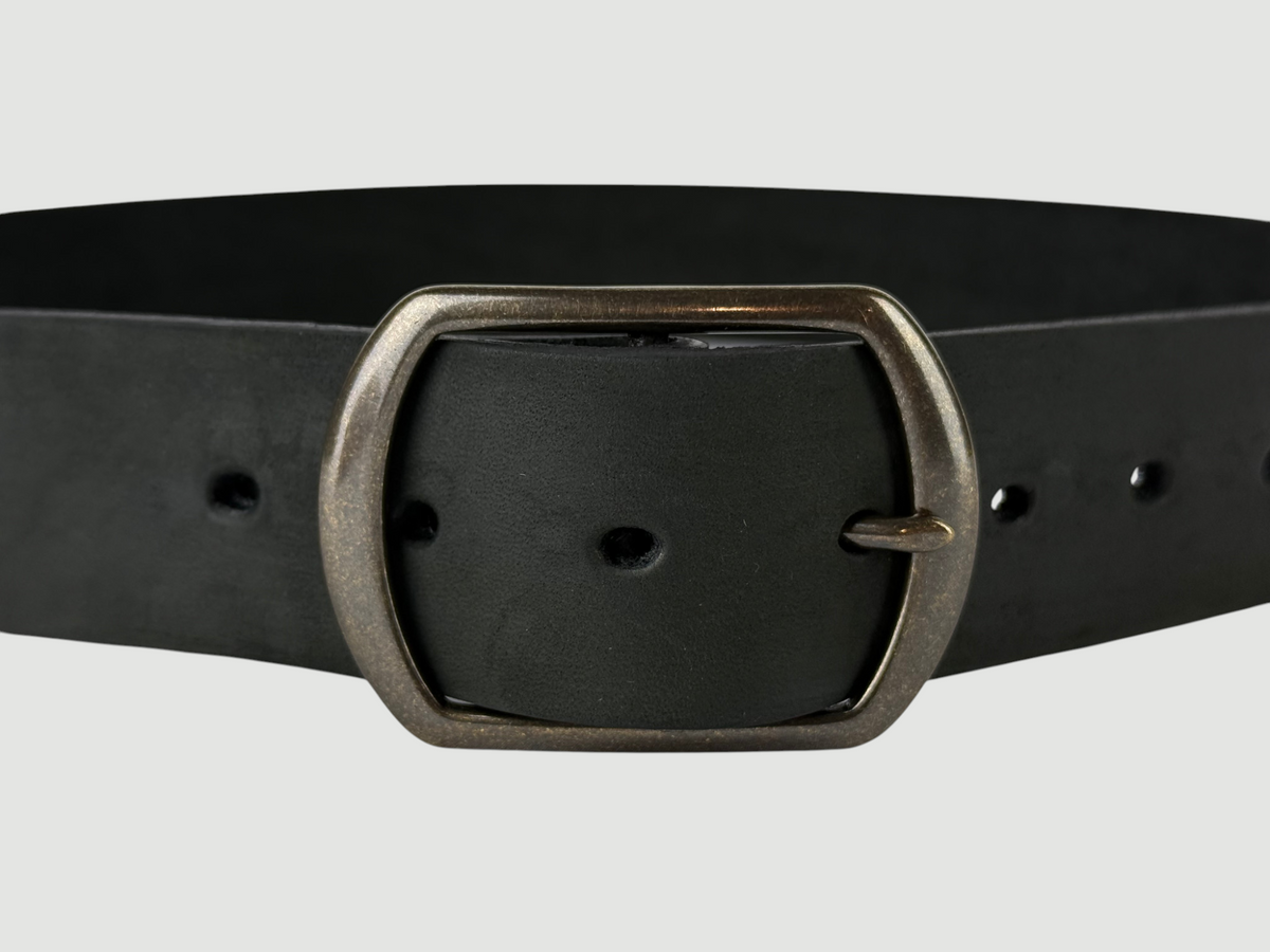 "Slab" Leather Belt - 1 1/2" Wide, Aged Steel, Center Bar Buckle, Antique Brass