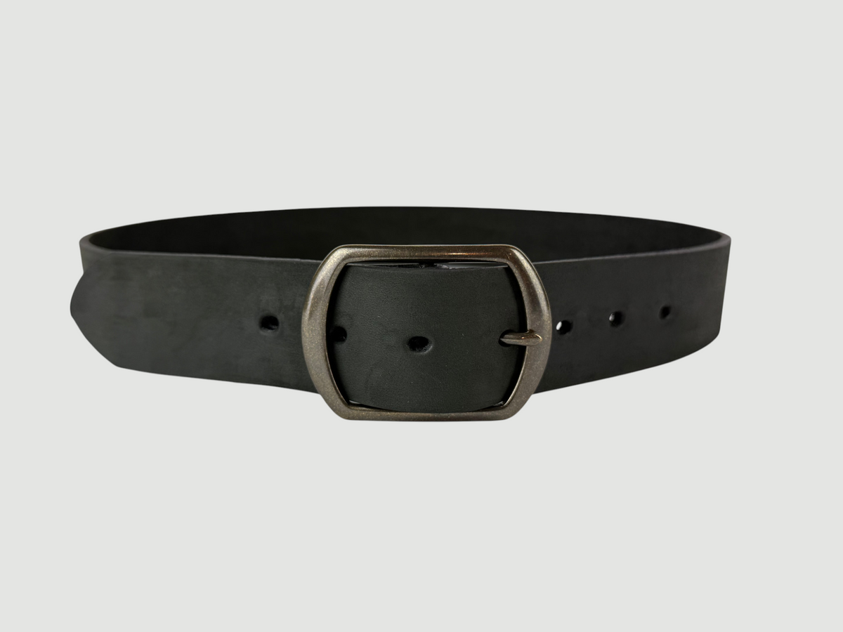 "Slab" Leather Belt - 1 1/2" Wide, Aged Steel, Center Bar Buckle, Antique Brass
