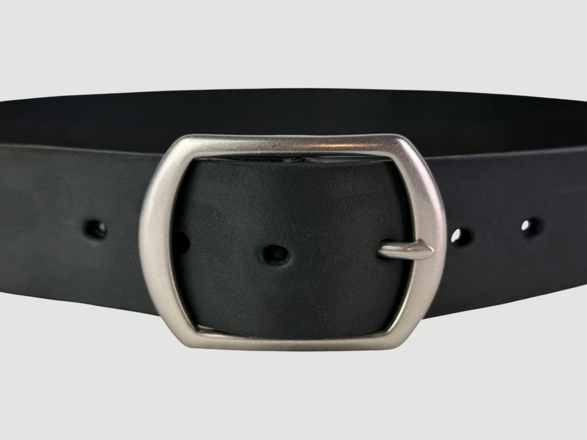 "Slab" Leather Belt - 1 1/2" Wide, Aged Steel, Center Bar Buckle, Matte Nickel