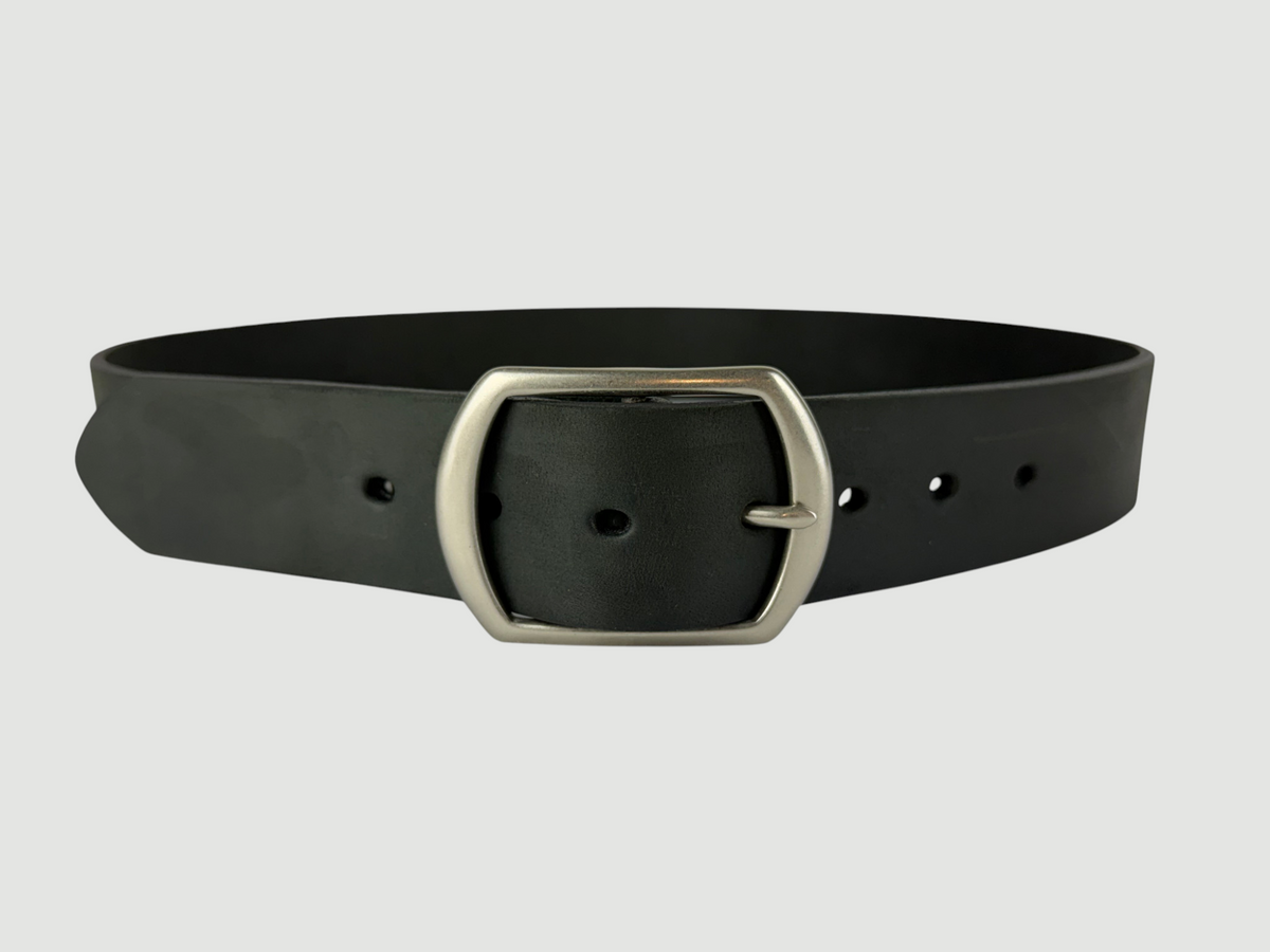 "Slab" Leather Belt - 1 1/2" Wide, Aged Steel, Center Bar Buckle, Matte Nickel