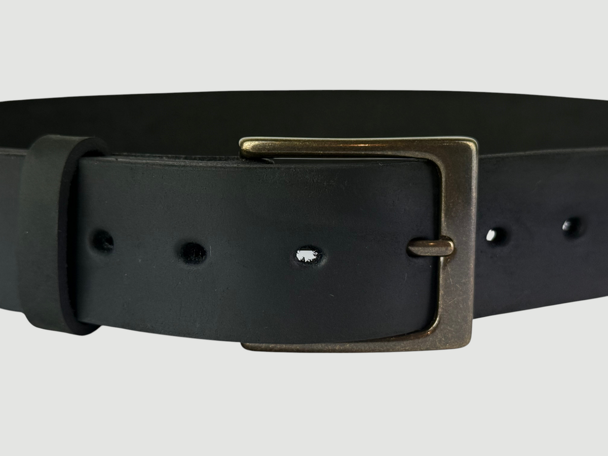 "Slab" Leather Belt - 1 1/2" Wide, Aged Steel, Heel Bar Buckle, Antique Brass