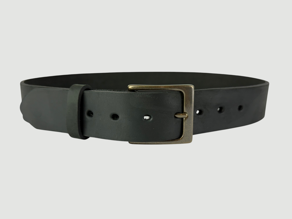 "Slab" Leather Belt - 1 1/2" Wide, Aged Steel, Heel Bar Buckle, Antique Brass