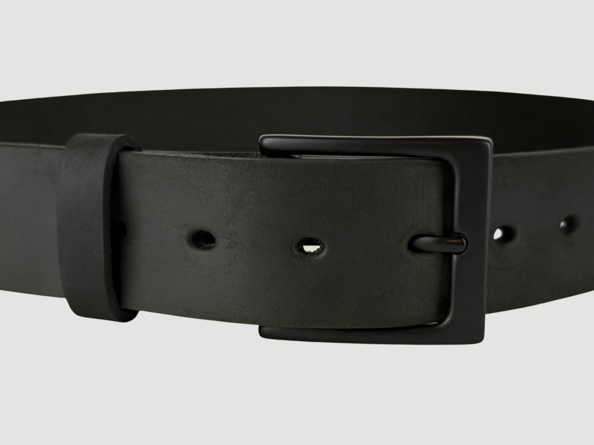 "Slab" Leather Belt - 1 1/2" Wide, Aged Steel, Heel Bar Buckle, Matte Black