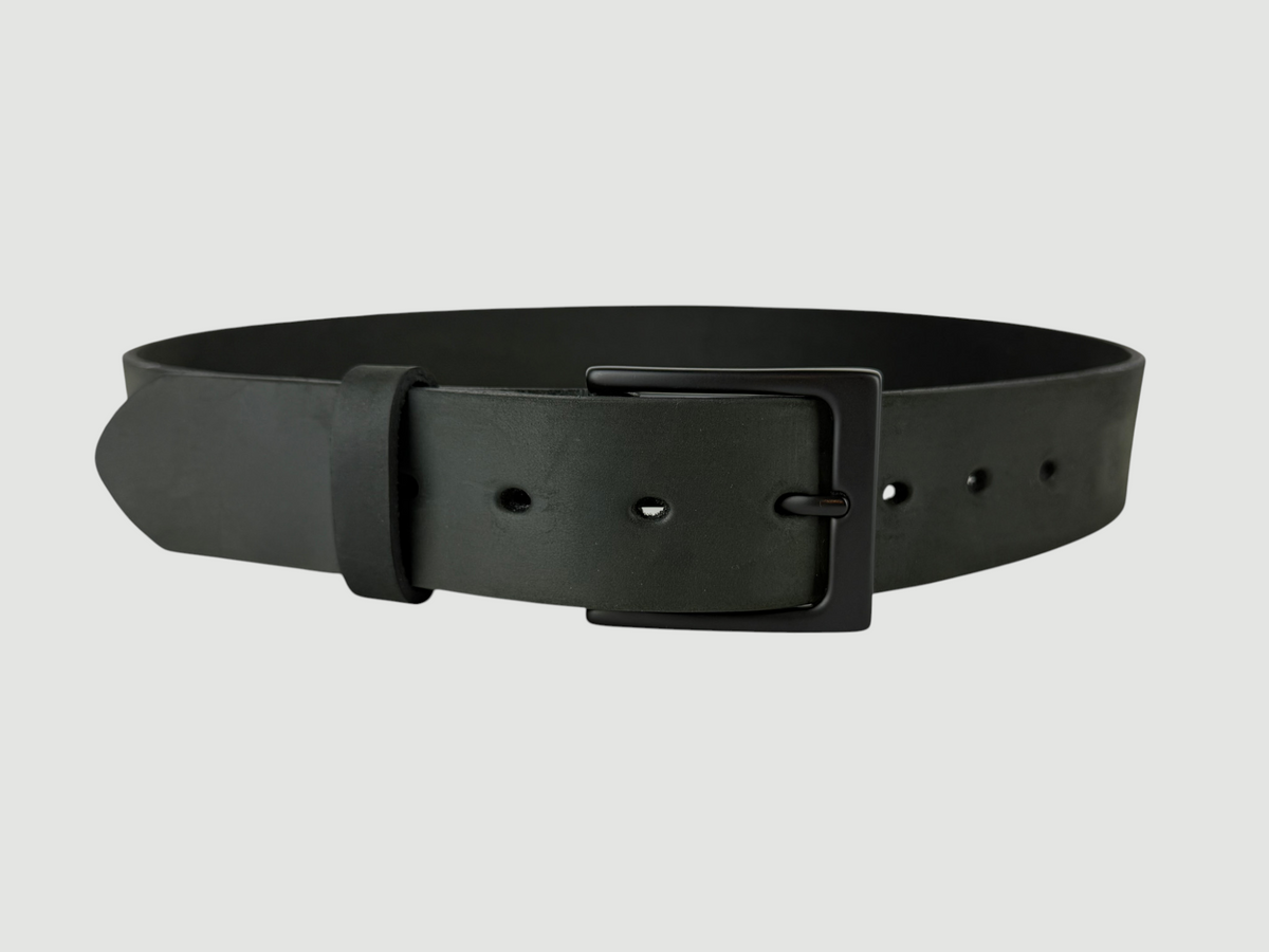 "Slab" Leather Belt - 1 1/2" Wide, Aged Steel, Heel Bar Buckle, Matte Black
