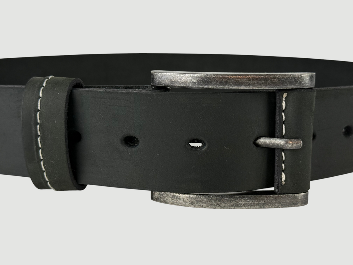 "Slab" Leather Belt - 1 1/2" Wide, Aged Steel, Leather-Wrapped Buckle, Nickel