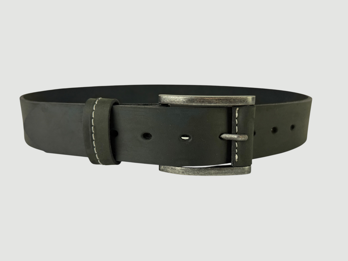 "Slab" Leather Belt - 1 1/2" Wide, Aged Steel, Leather-Wrapped Buckle, Nickel