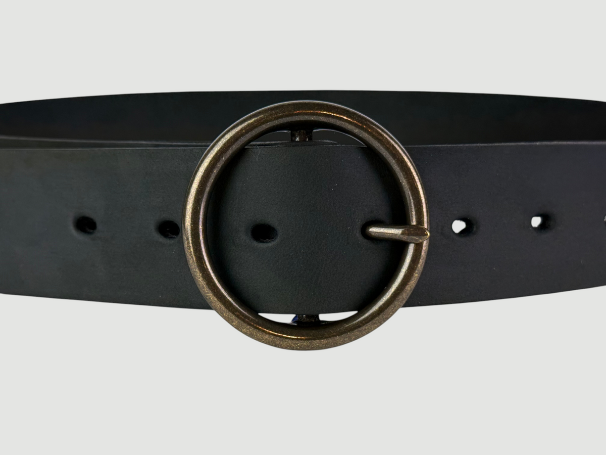 "Slab" Leather Belt - 1 1/2" Wide, Aged Steel, O-Ring Buckle, Antique Brass