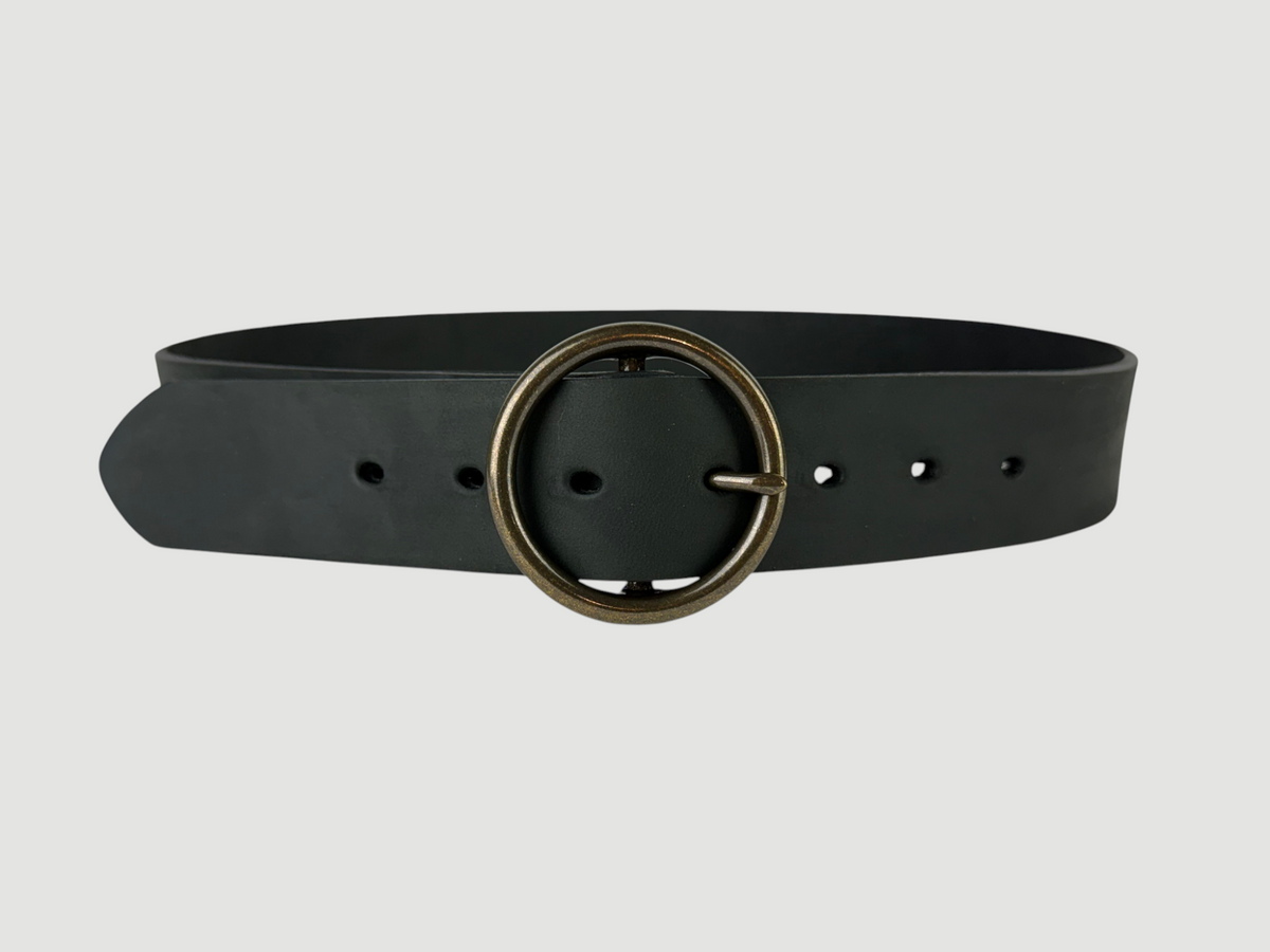 "Slab" Leather Belt - 1 1/2" Wide, Aged Steel, O-Ring Buckle, Antique Brass