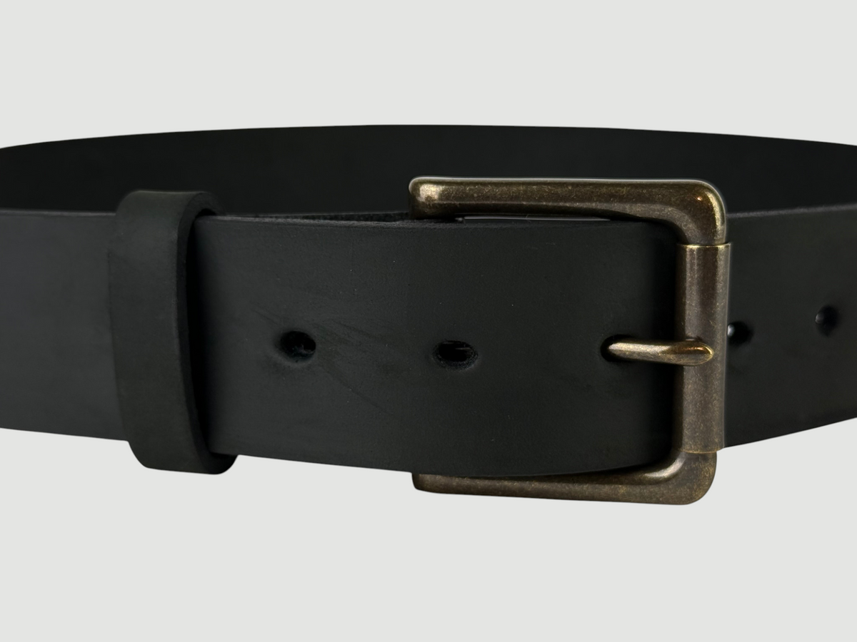"Slab" Leather Belt - 1 1/2" Wide, Aged Steel, Roller Bar Buckle, Antique Brass