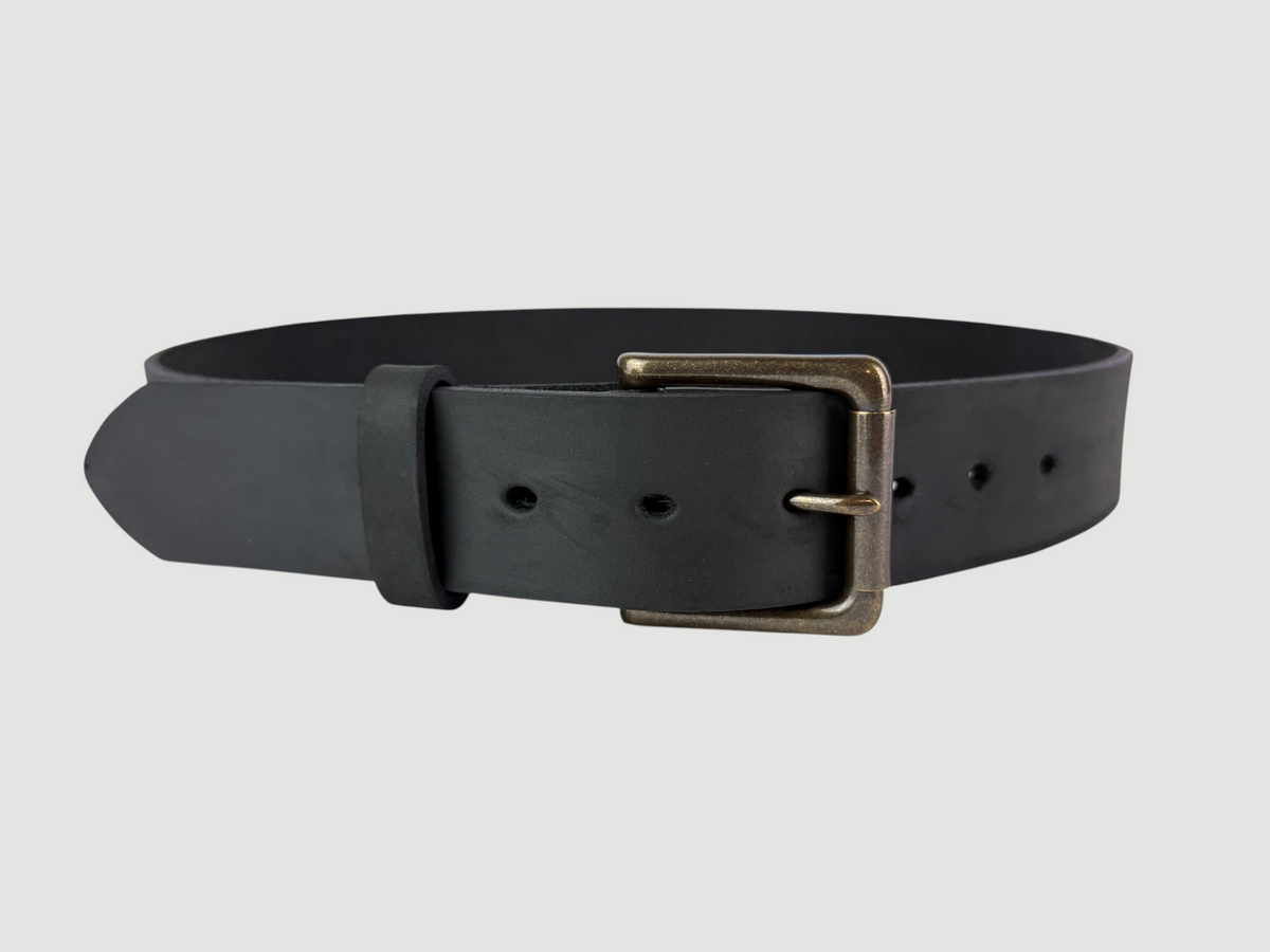 "Slab" Leather Belt - 1 1/2" Wide, Aged Steel, Roller Bar Buckle, Antique Brass