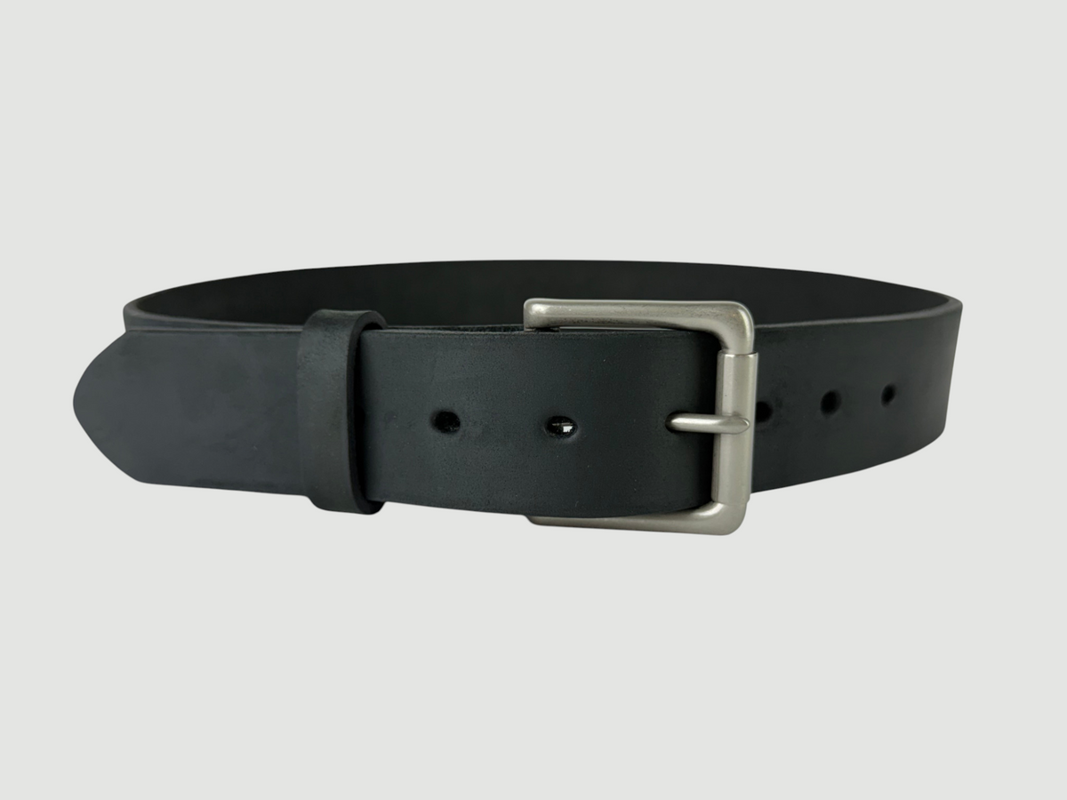 "Slab" Leather Belt - 1 1/2" Wide, Aged Steel, Roller Bar Buckle, Matte Nickel