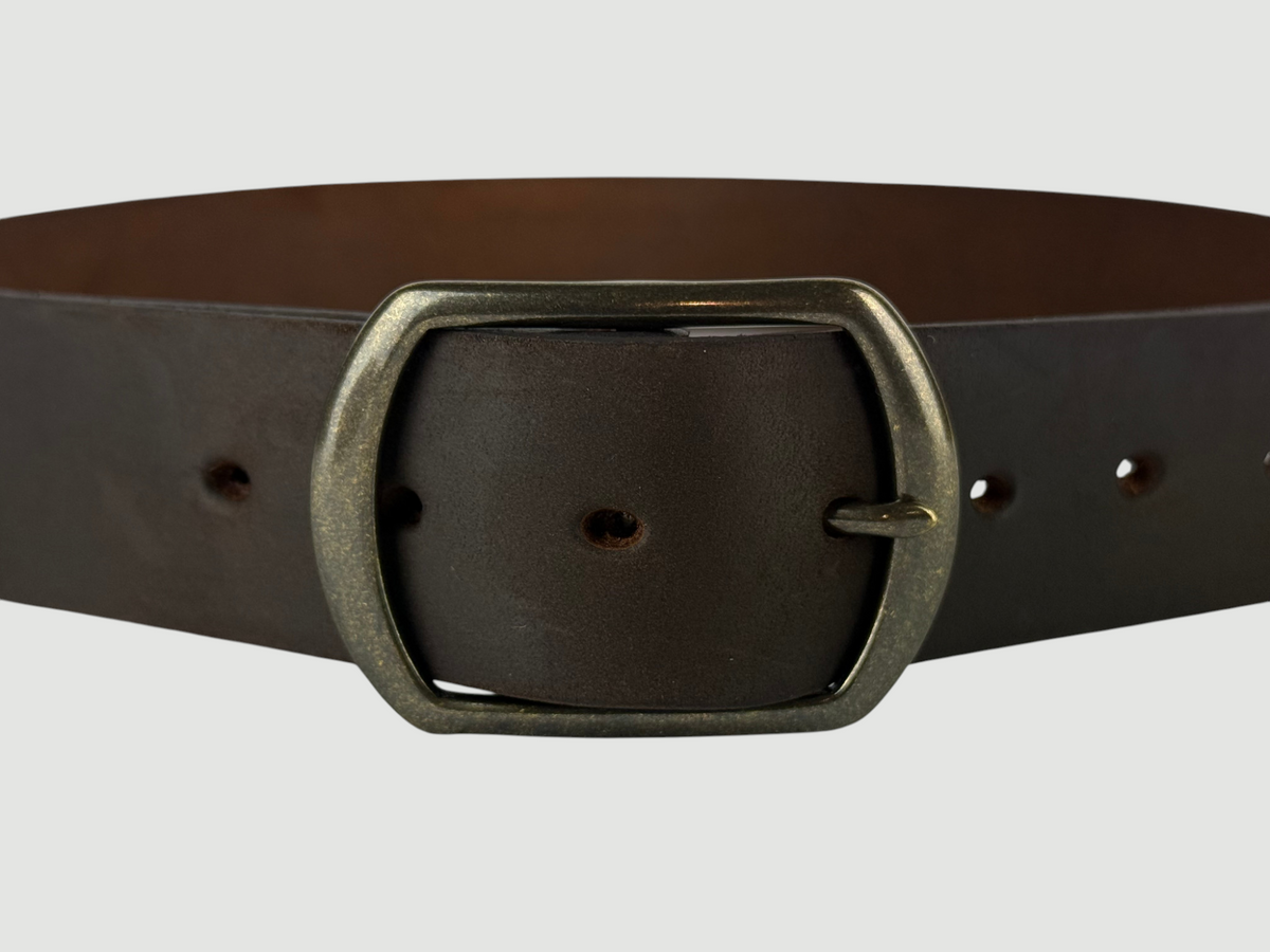 "Slab" Leather Belt - 1 1/2" Wide, Whiskey Brown, Center Bar Buckle, Antique Brass