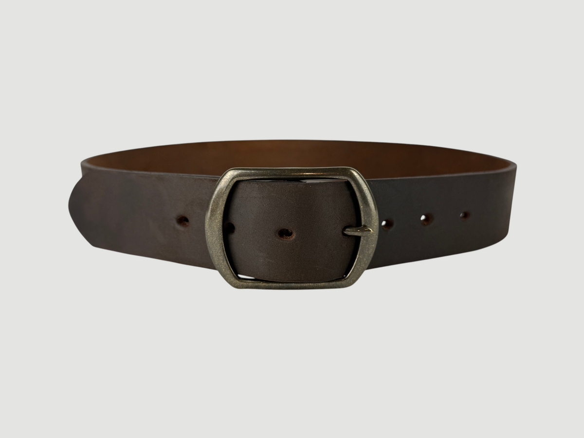 "Slab" Leather Belt - 1 1/2" Wide, Whiskey Brown, Center Bar Buckle, Antique Brass