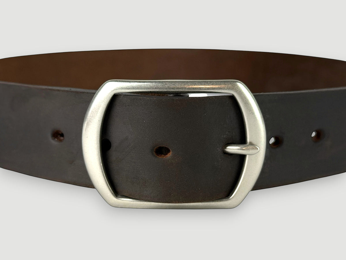 "Slab" Leather Belt - 1 1/2" Wide, Whiskey Brown, Center Bar Buckle, Matte Nickel