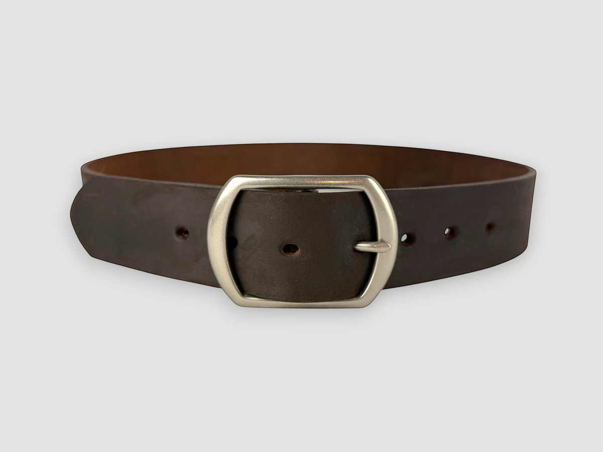 "Slab" Leather Belt - 1 1/2" Wide, Whiskey Brown, Center Bar Buckle, Matte Nickel