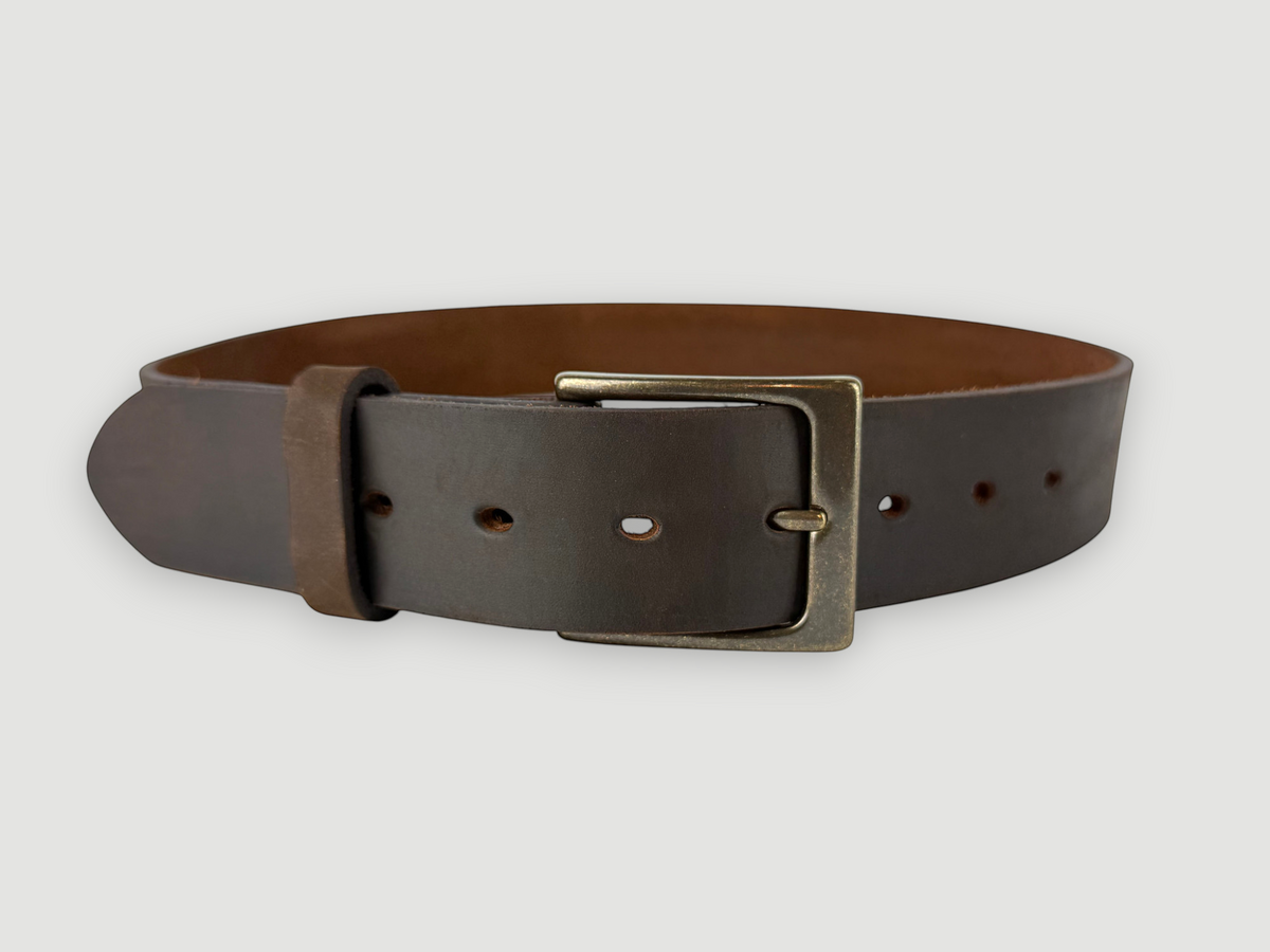 "Slab" Leather Belt - 1 1/2" Wide, Whiskey Brown, Heel Bar Buckle, Antique Brass
