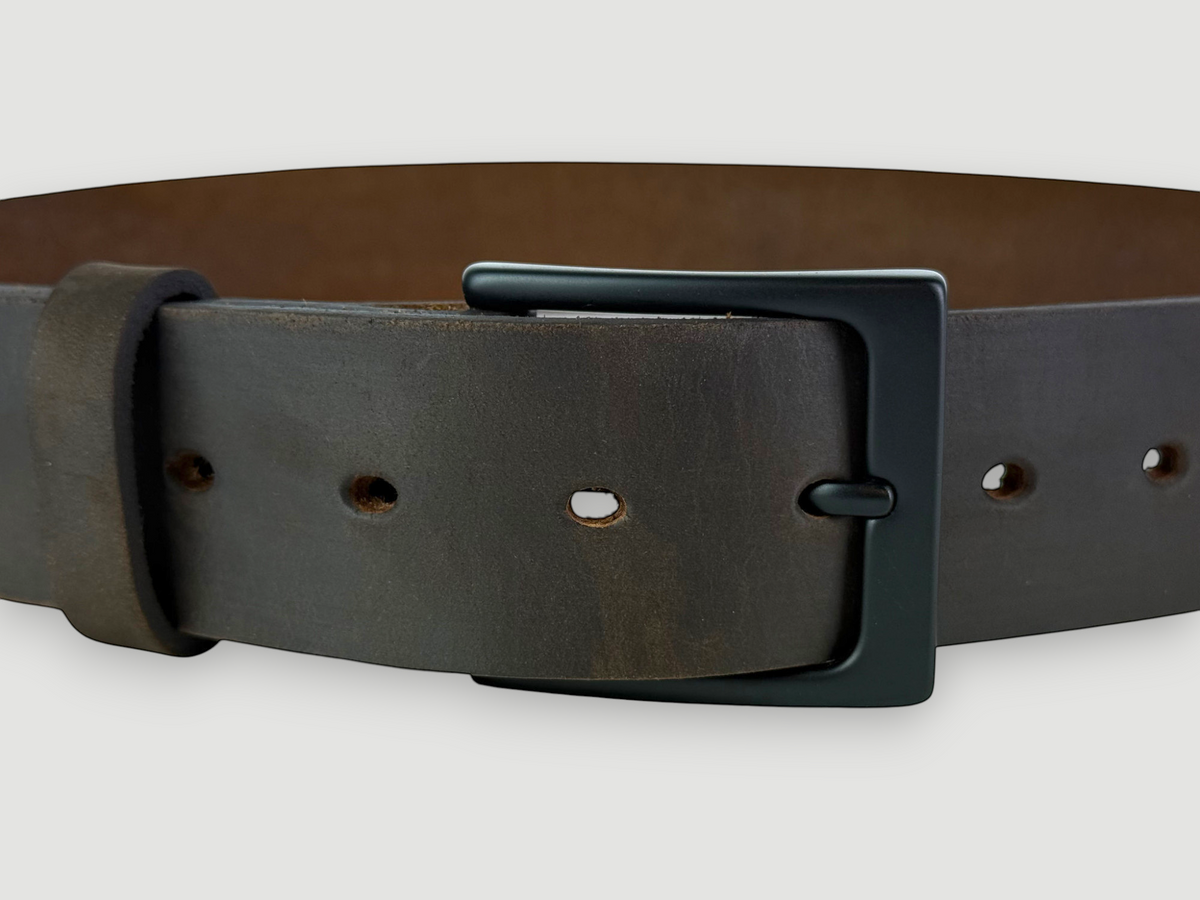 "Slab" Leather Belt - 1 1/2" Wide, Whiskey Brown, Heel Bar Buckle, Matte Black