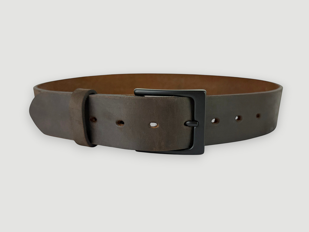 "Slab" Leather Belt - 1 1/2" Wide, Whiskey Brown, Heel Bar Buckle, Matte Black