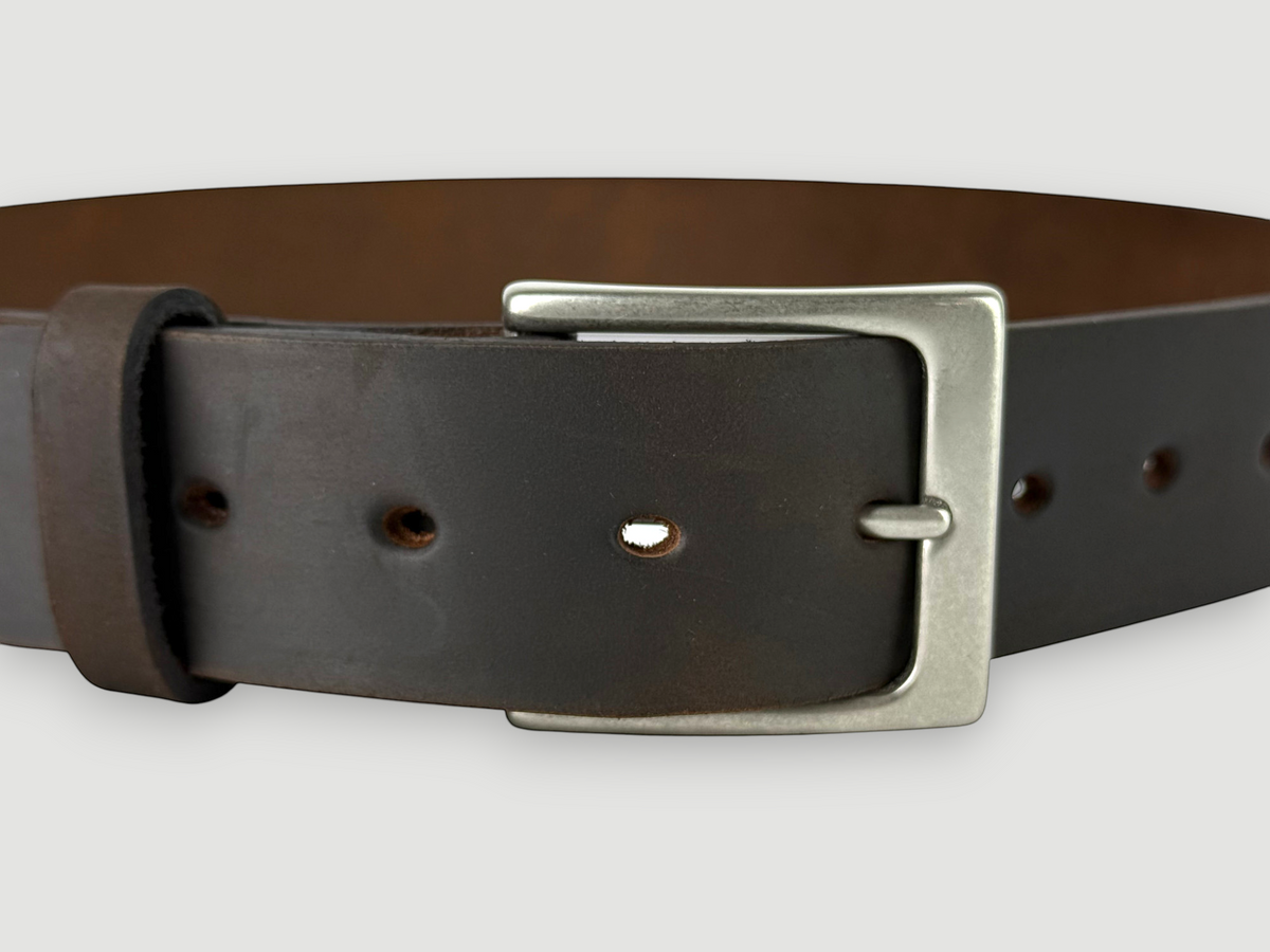 "Slab" Leather Belt - 1 1/2" Wide, Whiskey Brown, Heel Bar Buckle, Matte Nickel