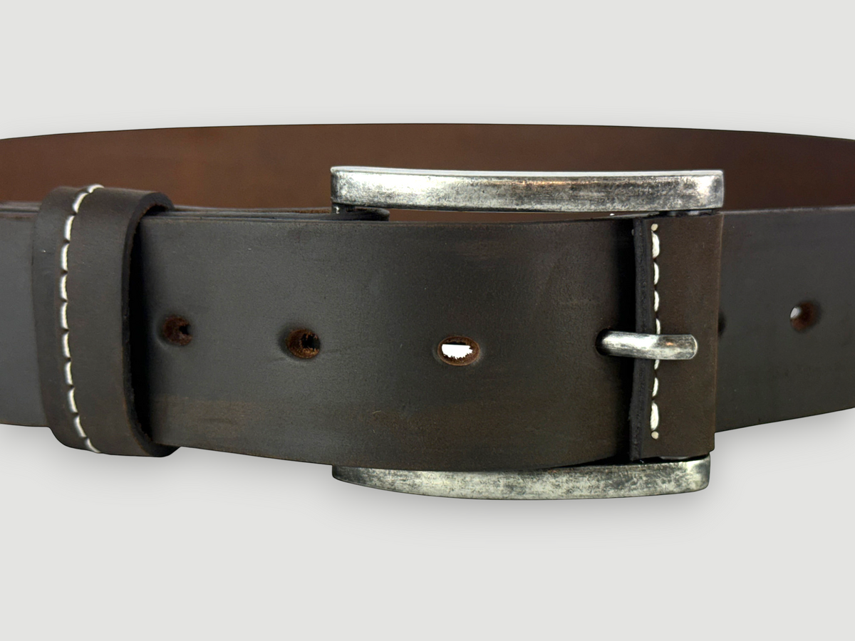 "Slab" Leather Belt - 1 1/2" Wide, Whiskey Brown, Leather-Wrapped Buckle, Nickel
