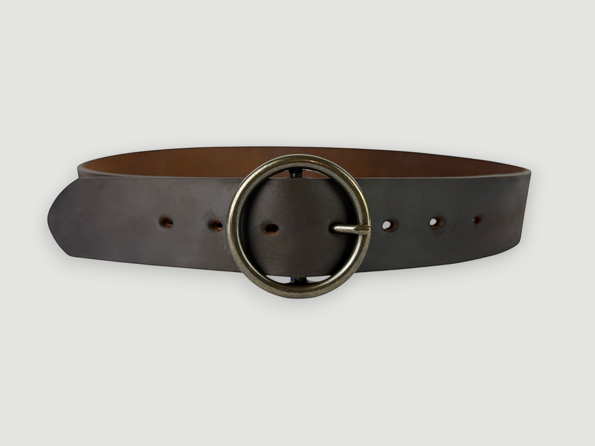 "Slab" Leather Belt - 1 1/2" Wide, Whiskey Brown, O-Ring Buckle, Antique Brass