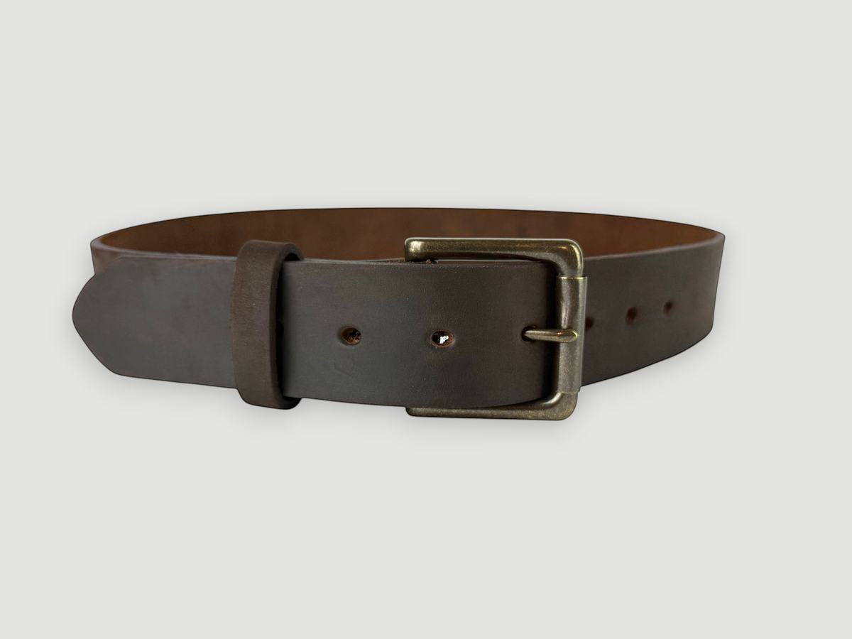 "Slab" Leather Belt - 1 1/2" Wide, Whiskey Brown, Roller Bar Buckle, Antique Brass