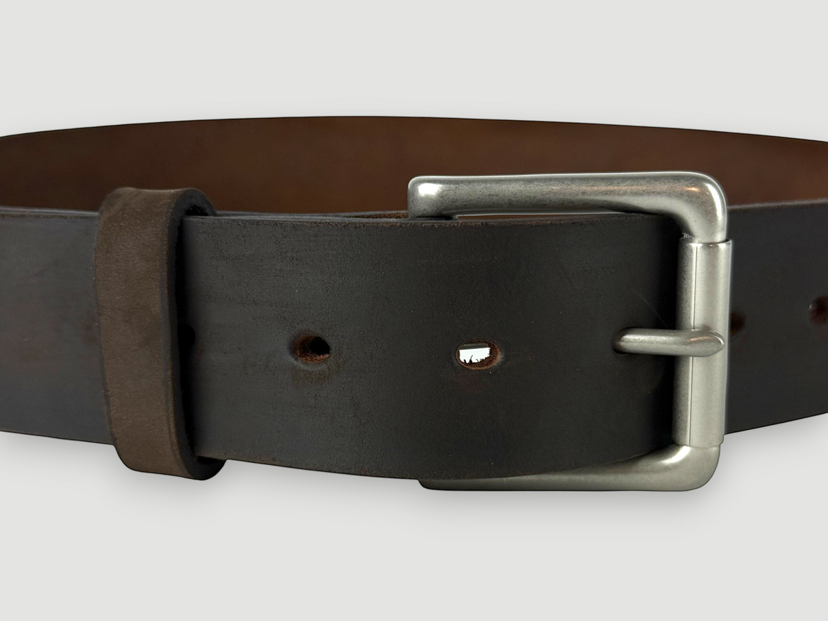 "Slab" Leather Belt - 1 1/2" Wide, Whiskey Brown, Roller Bar Buckle, Matte Nickel