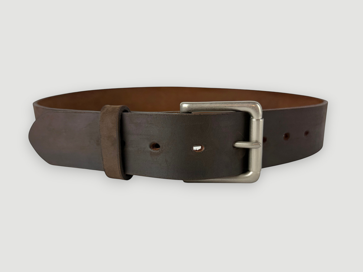 "Slab" Leather Belt - 1 1/2" Wide, Whiskey Brown, Roller Bar Buckle, Matte Nickel