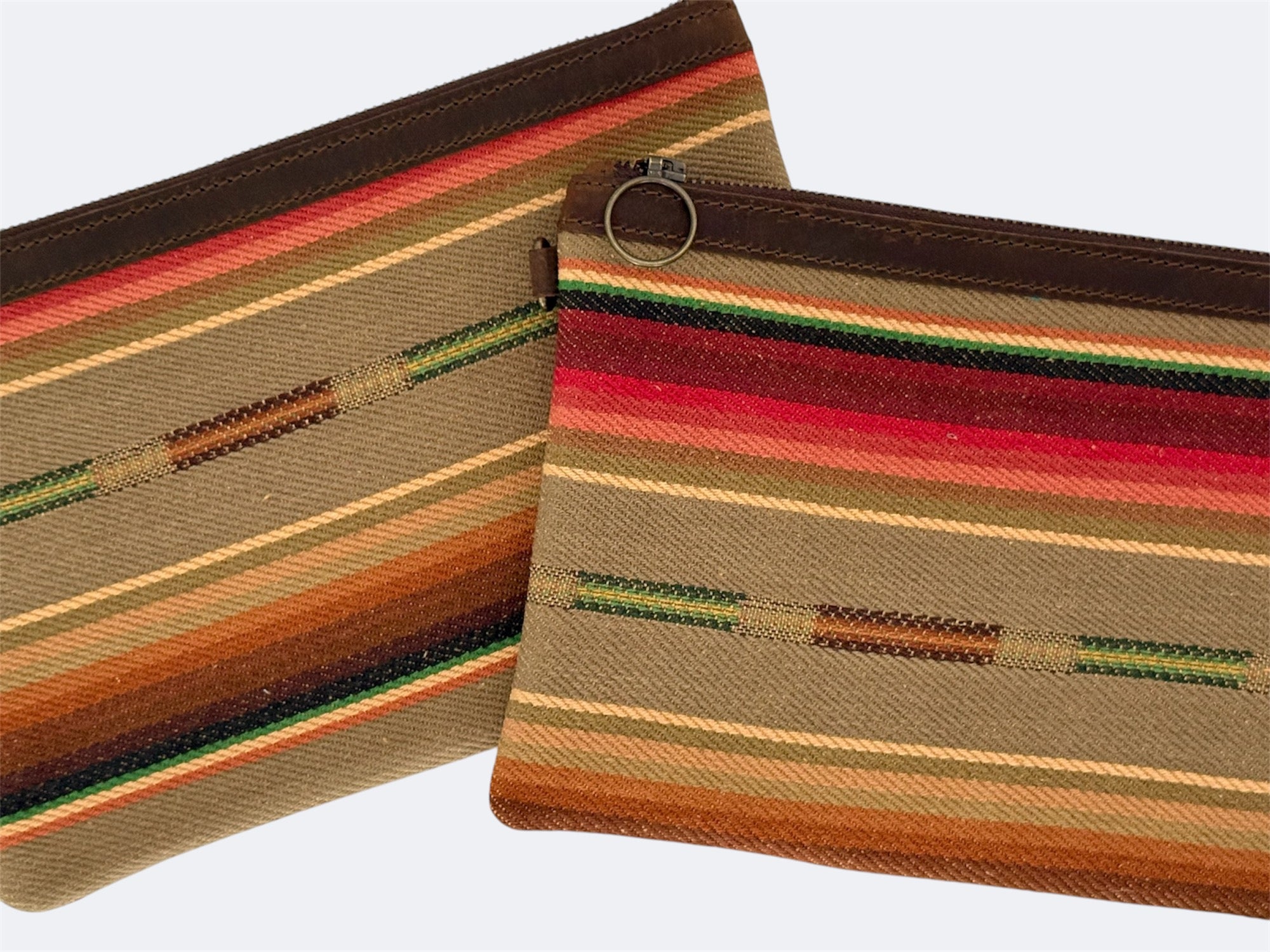 Leather-Lined Textile Zipper Pouch - Saddle
