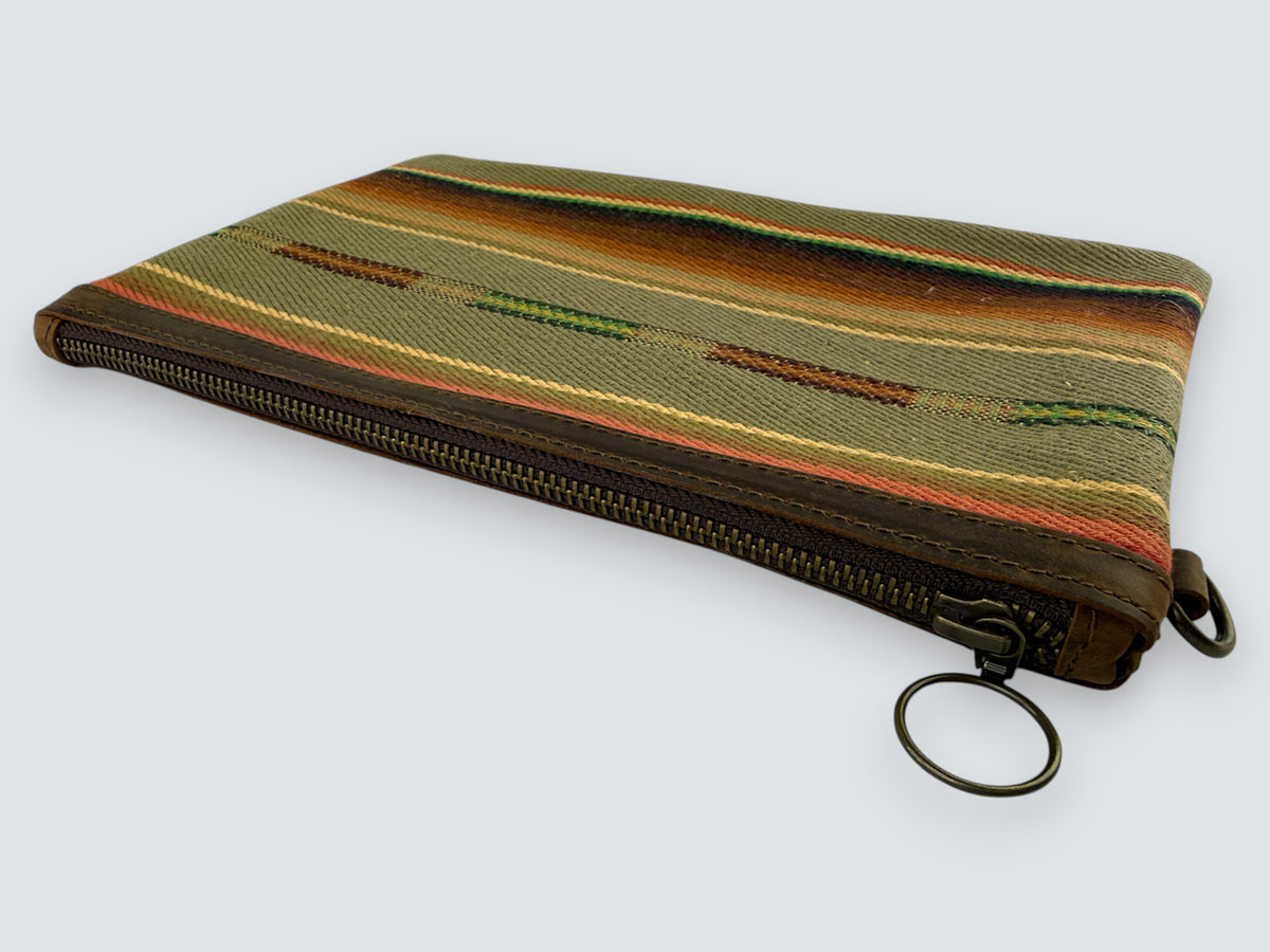 Leather-Lined Textile Zipper Pouch - Saddle
