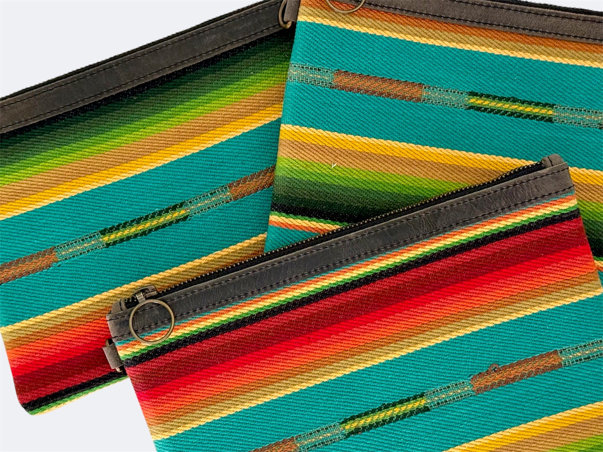 Leather-Lined Textile Zipper Pouch - Turquoise