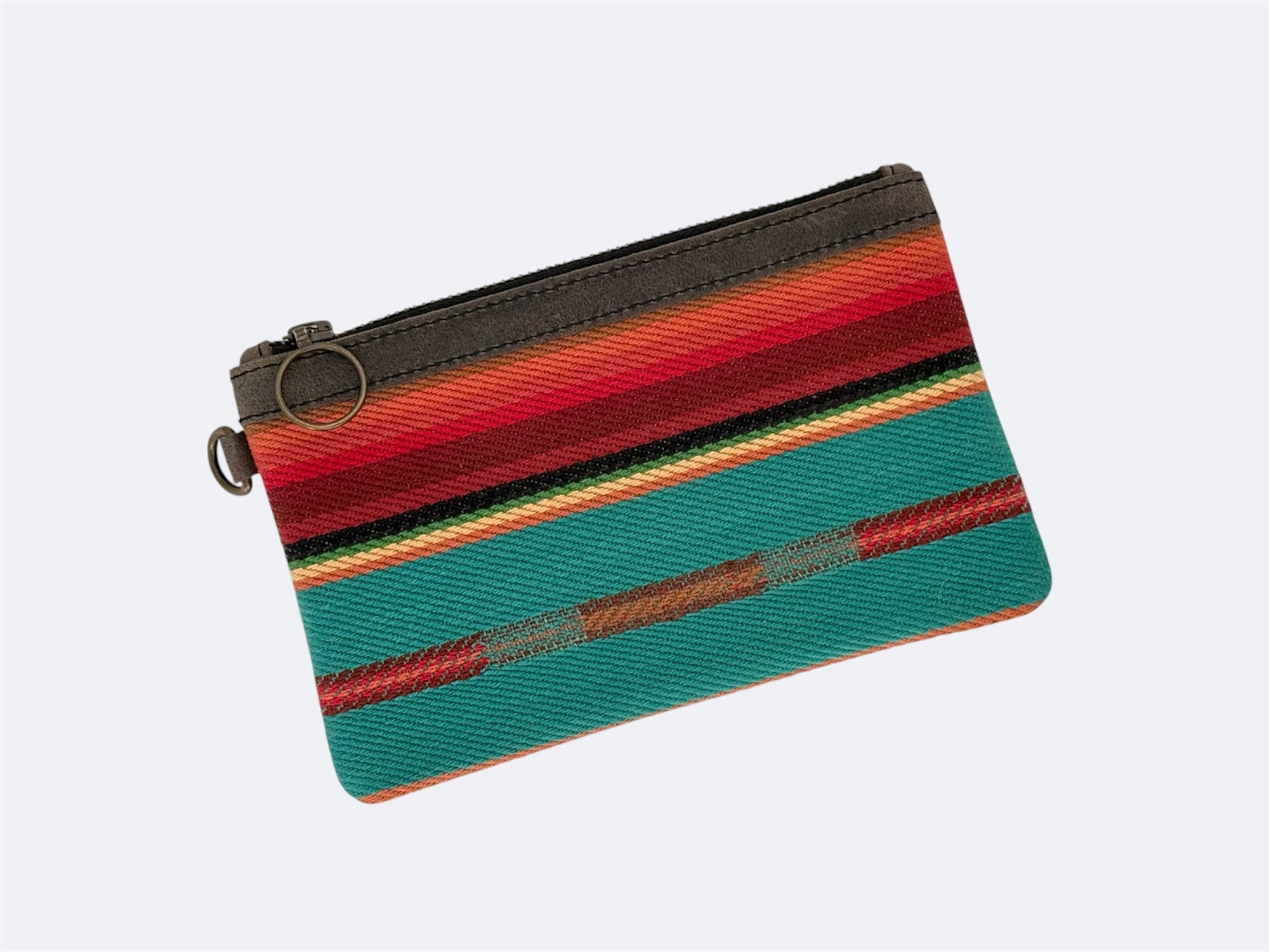 Leather-Lined Textile Zipper Pouch - Turquoise