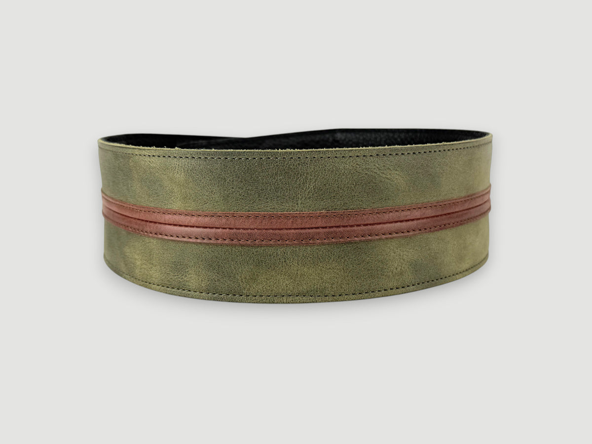 Straight Up - Relic Sage with Cognac Stripe Leather Guitar Strap