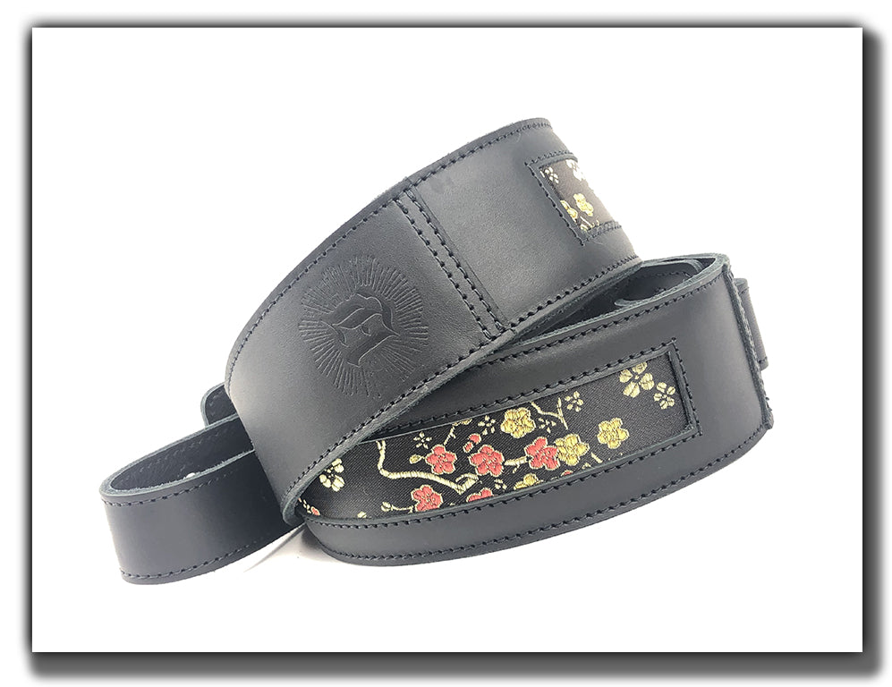 Black leather guitar strap with floral silk inlay, floral guitar strap, leather guitar strap, silk guitar strap