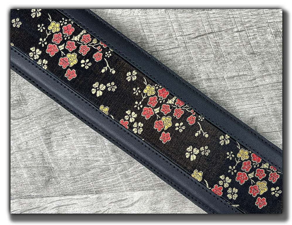 Naginata - Black Floral - Carbon Black Leather Guitar Strap