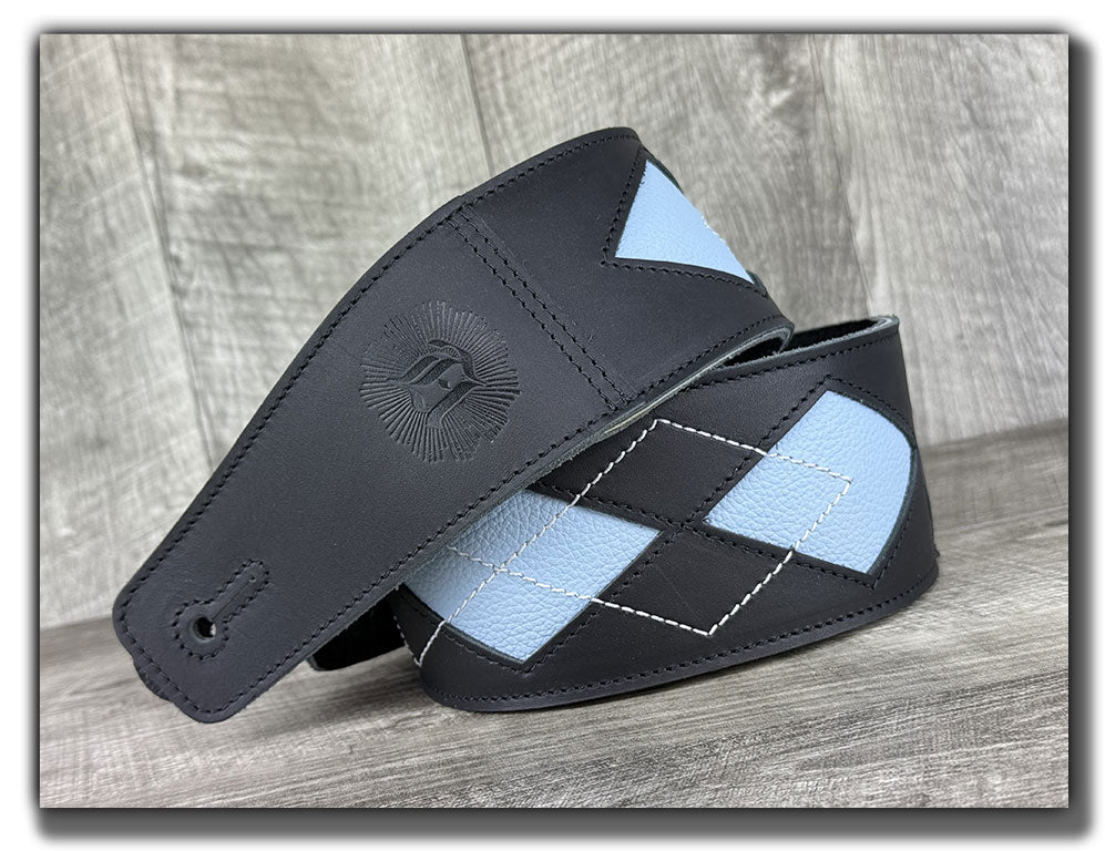 Everett - Carbon Black/Baby Blue Argyle Leather Guitar Strap