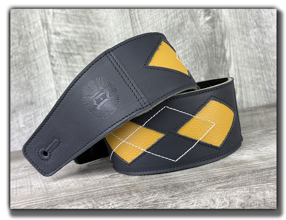 Everett - Carbon Black/Mustard Yellow Argyle Leather Guitar Strap