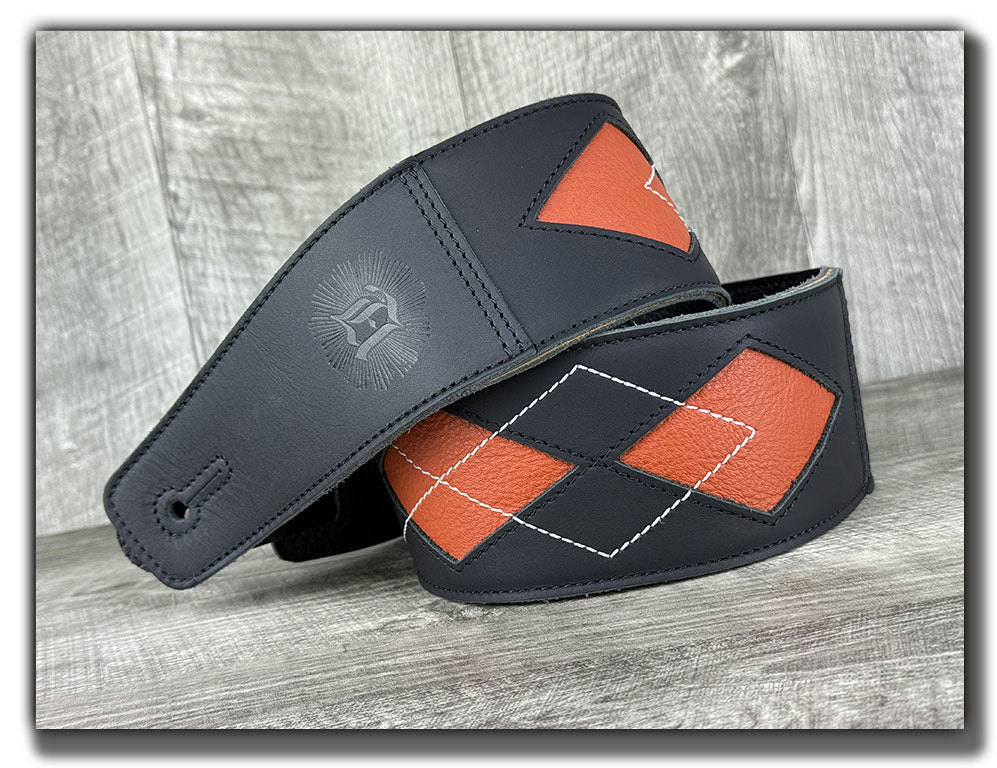 Everett - Carbon Black/Orange Peel Argyle Leather Guitar Strap